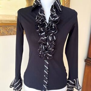 Anne Fontaine Black Striped Ruffles Colette Button Shirt Sz 38